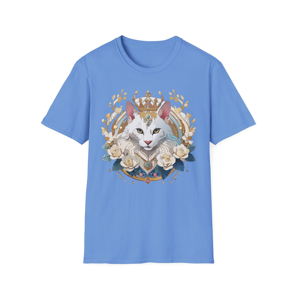 Regal White Cat Illustration T-Shirt | Crowned Feline, Floral Frame