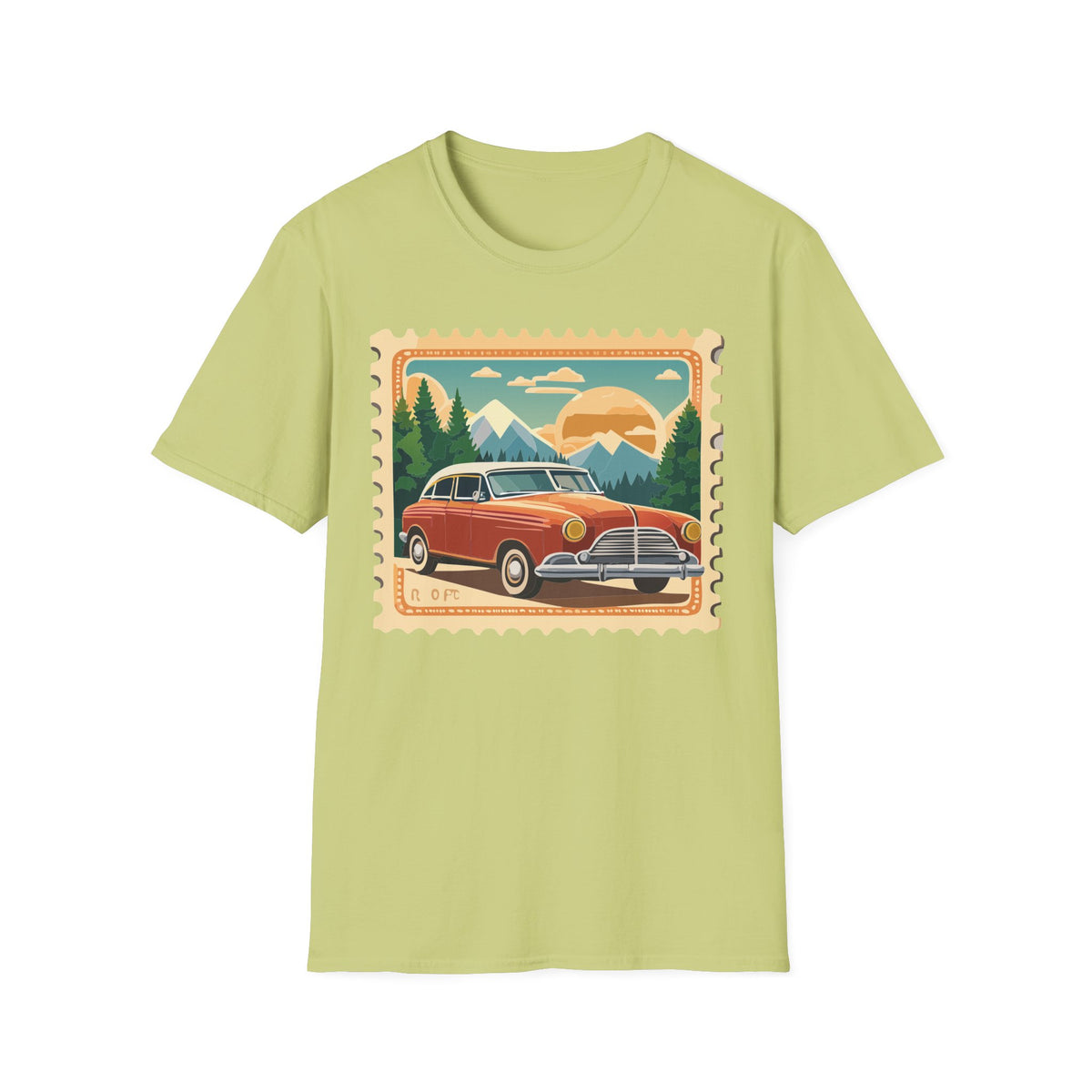 Vintage Road Trip Car T-Shirt | Retro Mountain Sunset Stamp Design