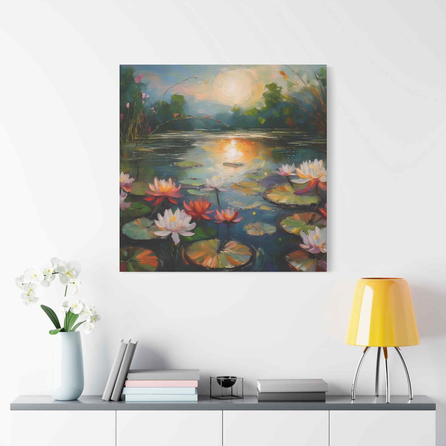 Water Lilies Print Canvas, Oil Paint Print 20x20, 24x24, 30x30, 32x32, 36x36 Floral Art Print Pine-Wood Inner Frame MC-66