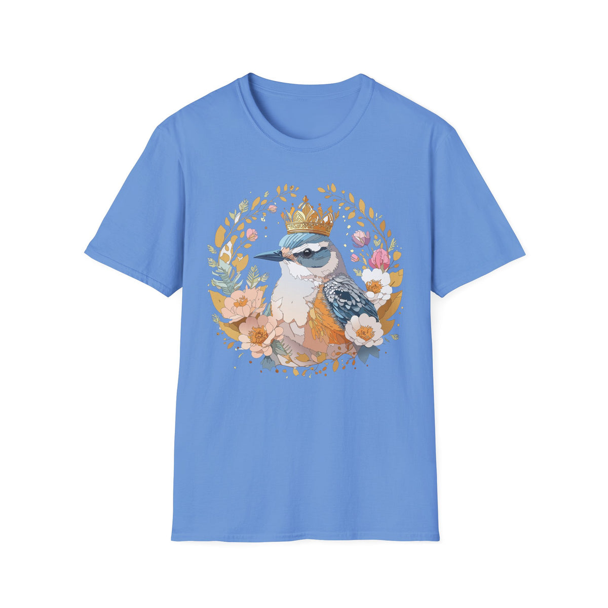 Crowned Bluebird Floral Illustration T-Shirt | Whimsical Bird Art