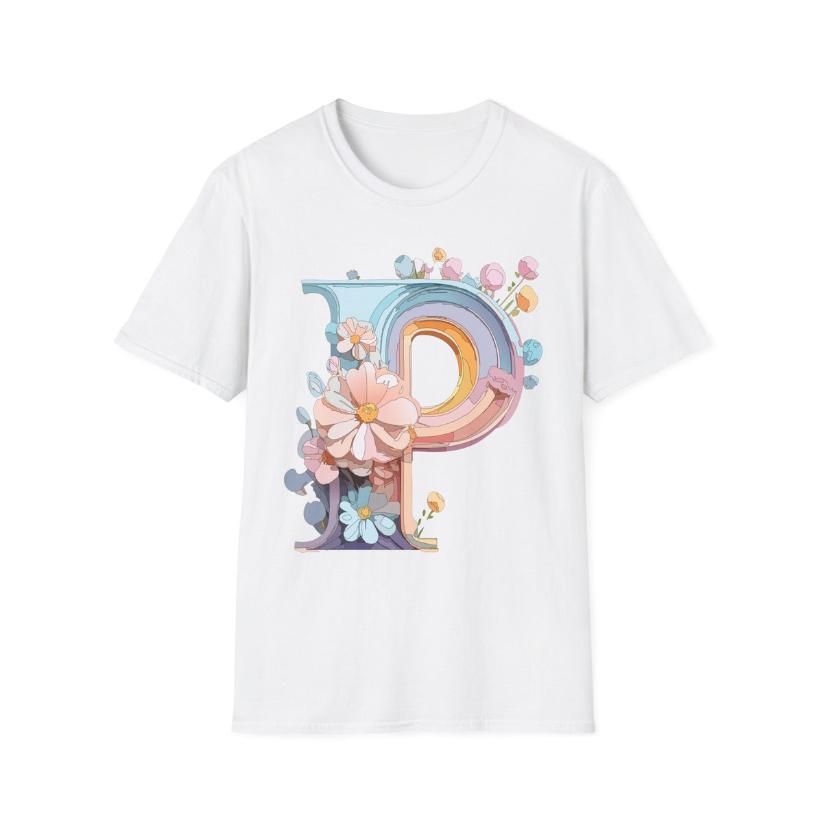 Floral Letter P T-Shirt | Pastel Rainbow Monogram Tee