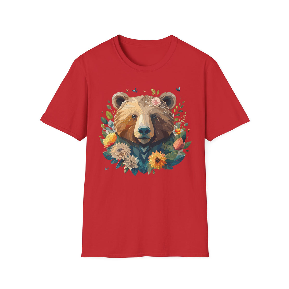 Floral Bear Illustration T-Shirt | Bear Face with Flowers