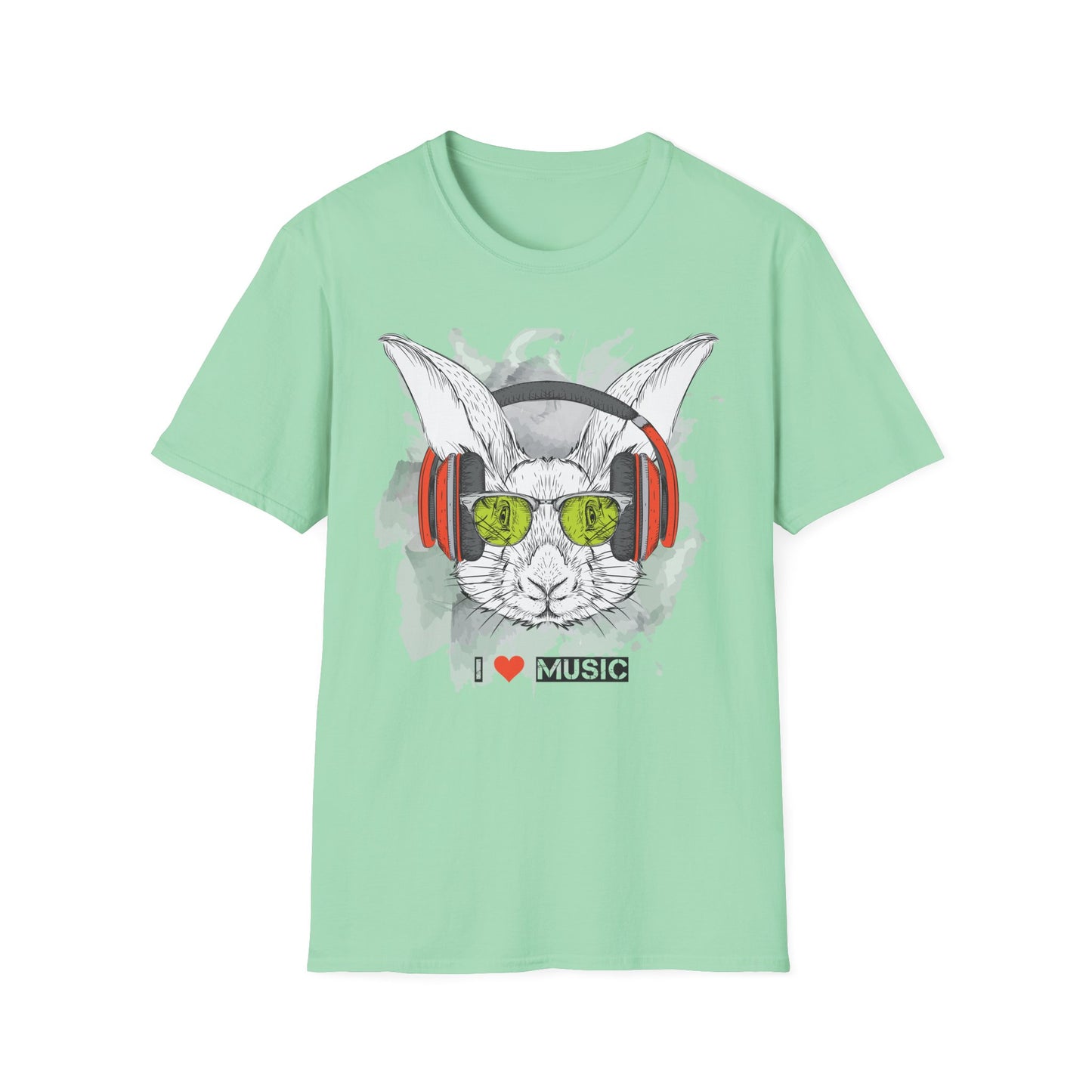 Music Bunny T-Shirt Unisex Cotton Short Sleeves I Love Music Rabbit with Headphones Graphic Tee