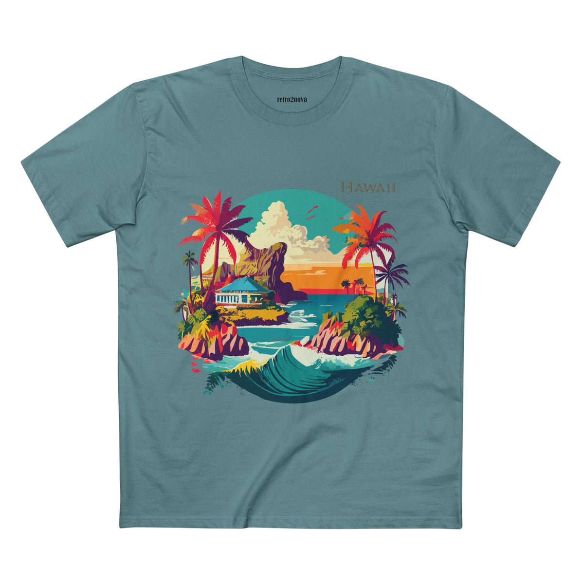 Hawaii Sunset Surf Scene T-Shirt | Tropical Beach Illustration