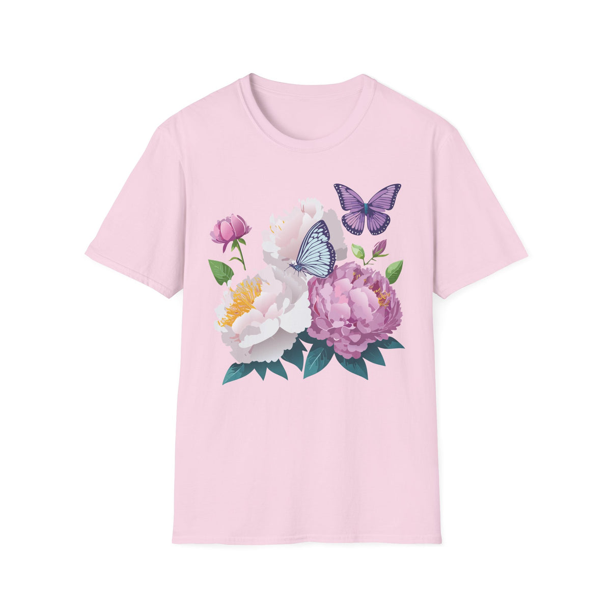 Floral Peonies & Butterflies T-Shirt — pastel garden tee for spring, Mother's Day Graphic Tee Unisex 100 Cotton Gildan T-Shirt