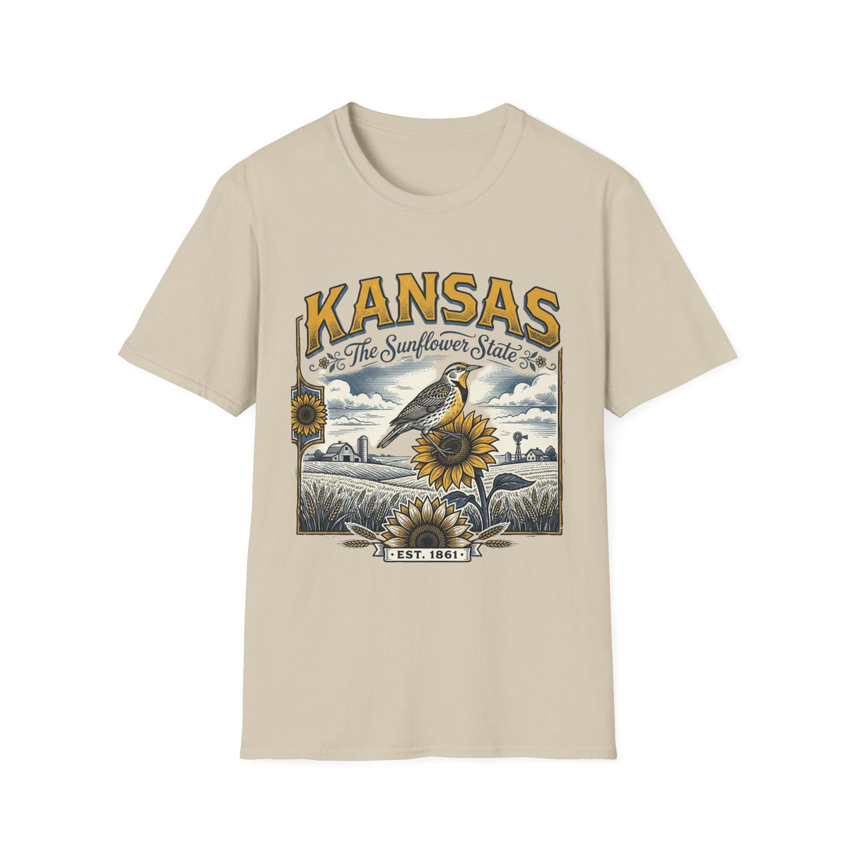 Kansas The Sunflower State T-Shirt | Vintage Meadow Bird Sunflower Design