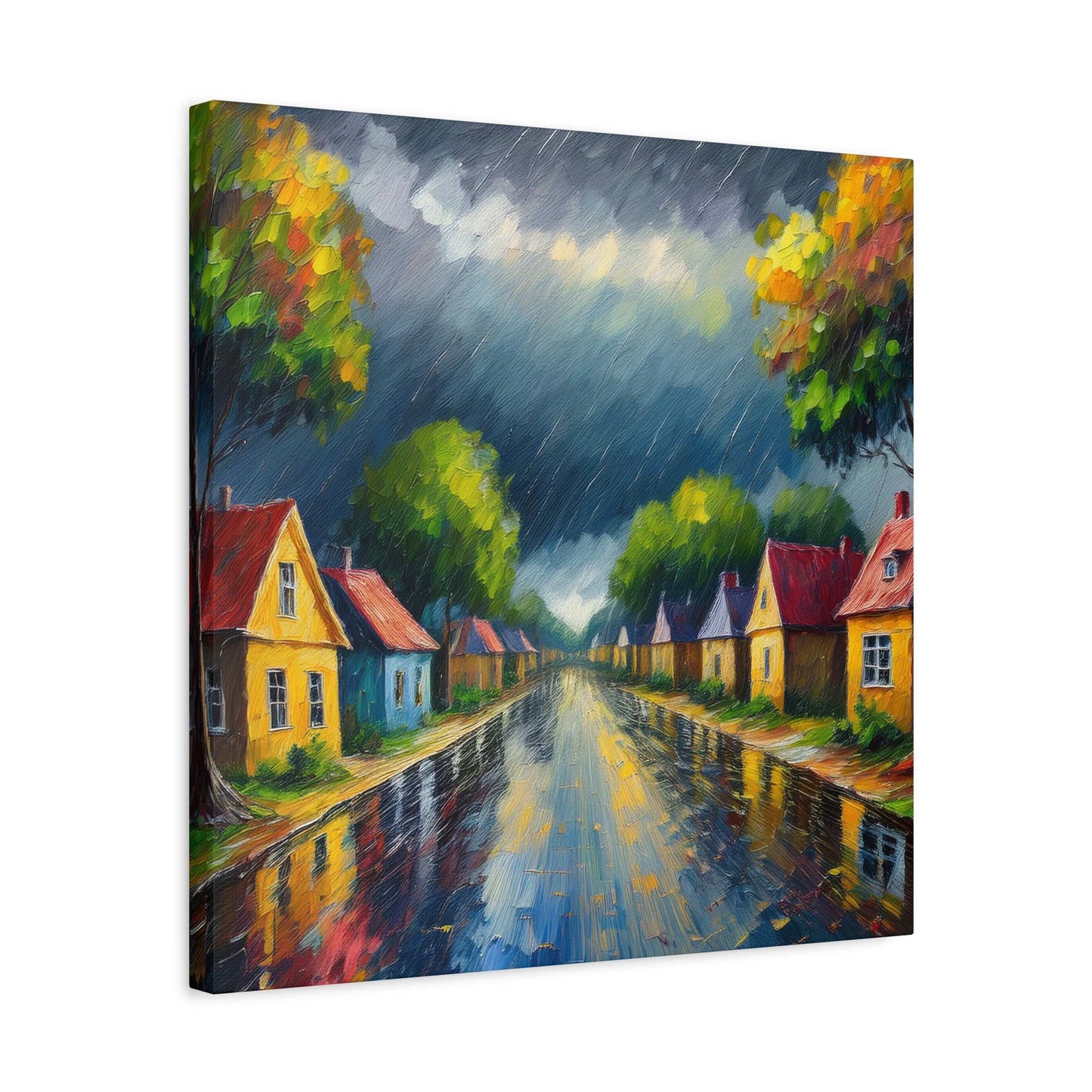 Rainy Village Street Canvas, Matte Oil Paint Print 20x20, 24x24, 30x30, 32x32, 36x36, Art Design Print Non-Frame MC-3