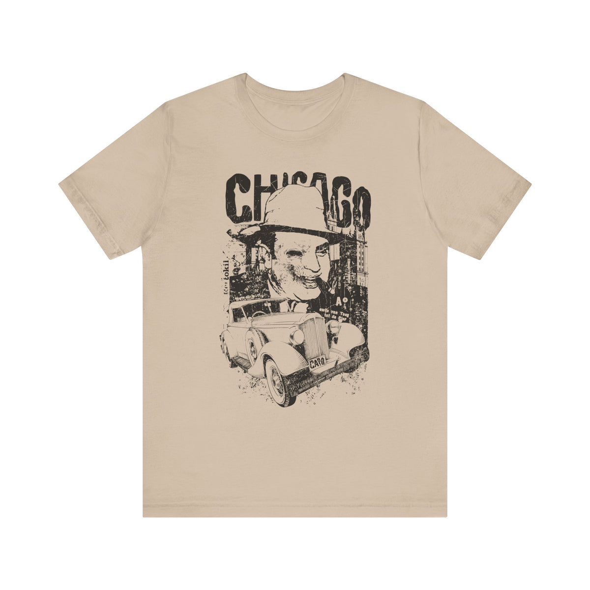 Chicago Retro Mobster Illustration Tee Vintage Car Cityscape Art Design Unisex Cotton T-Shirt A-8
