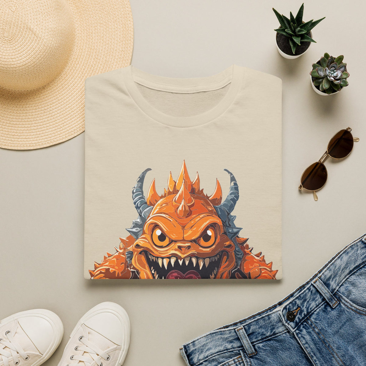 Monster Graphic T-Shirt — Fierce Orange Demon Creature Design Cartoon Graphic Tee Unisex 100 Cotton Gildan T-Shirt