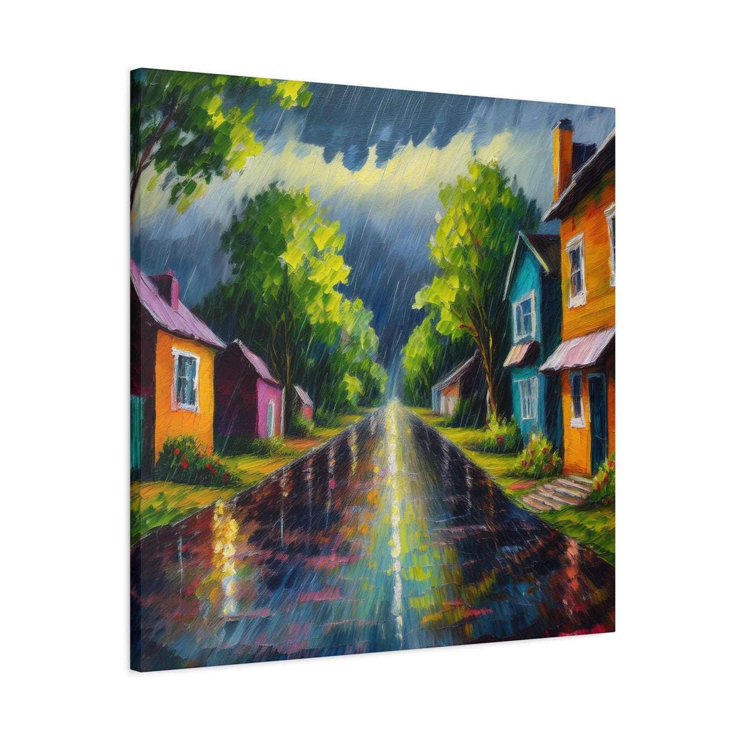 Rainy Village Street Canvas, Matte Oil Paint Print 20x20, 24x24, 30x30, 32x32, 36x36, Art Design Print Non-Frame MC-2