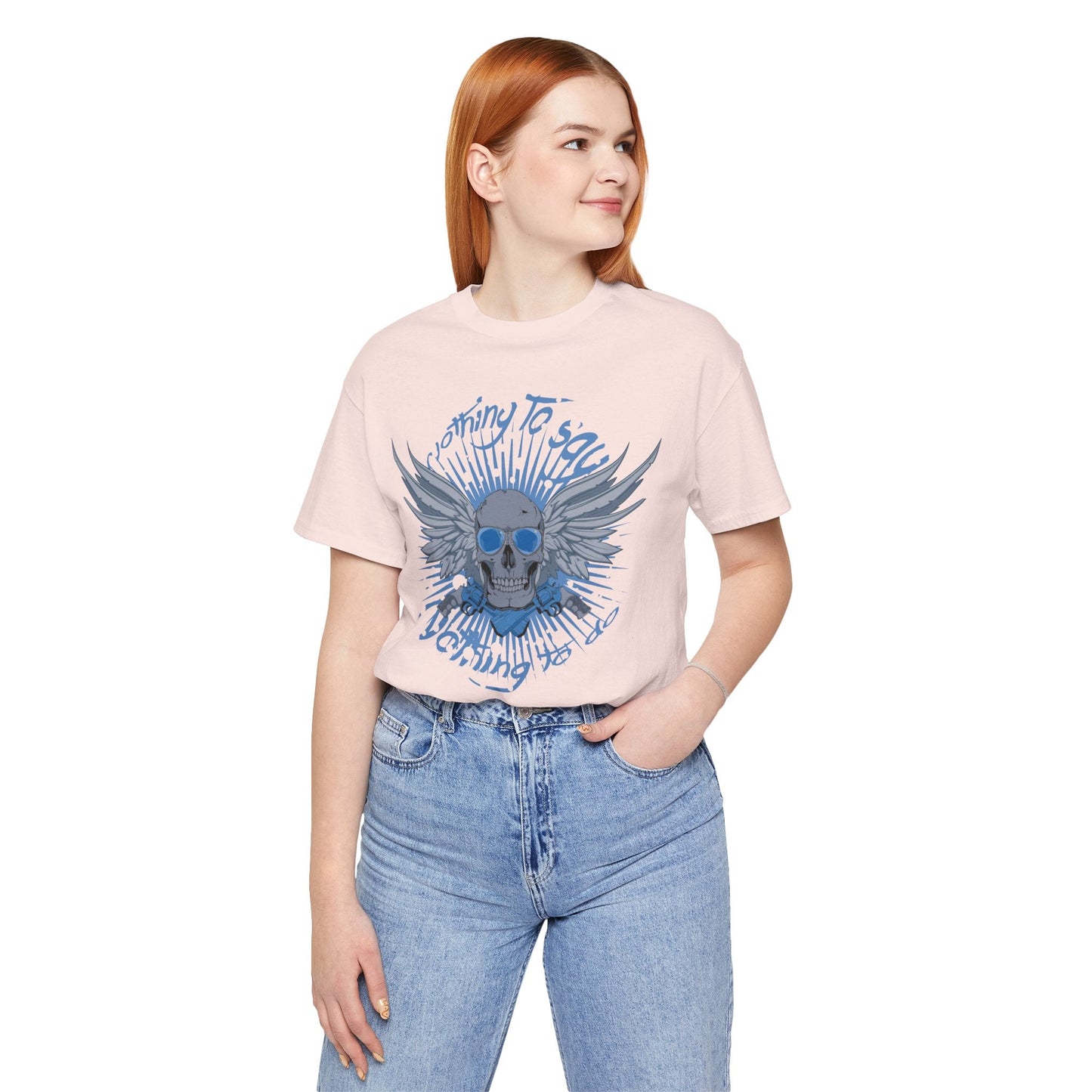Winged Skull Graphic Tee | Blue Skull with Wings, Radiant Burst