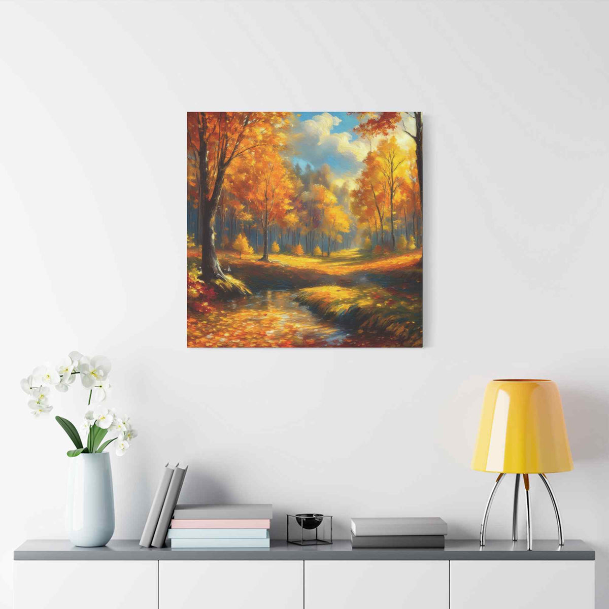 Fall Forest Print Canvas, Oil Paint Print 20x20, 24x24, 30x30, 32x32, 36x36 Art Design Canvas Pine-Wood Inner Frame MC-103