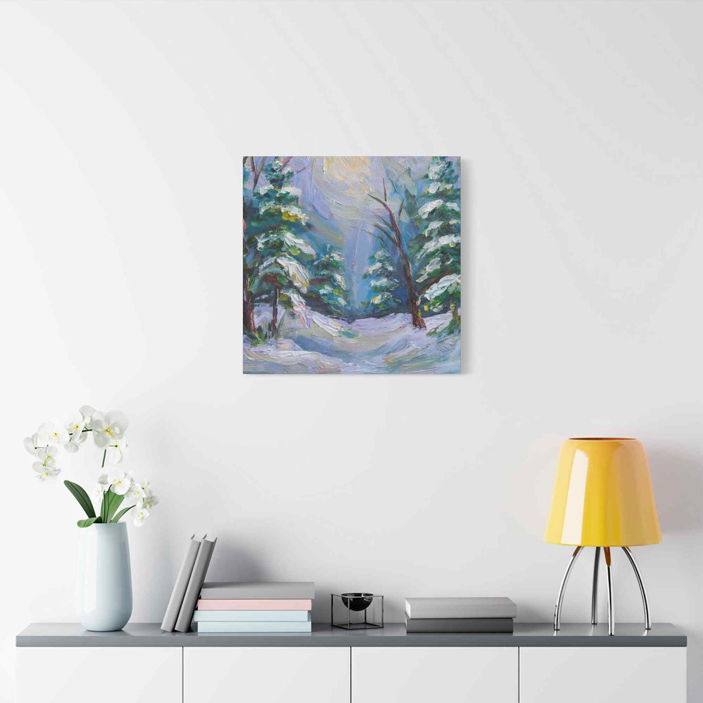 Snow Forest Print Canvas, Oil Paint Print 20x20, 24x24, 30x30, 32x32, 36x36 Art Design Print Pine-Wood Inner Frame MC-78