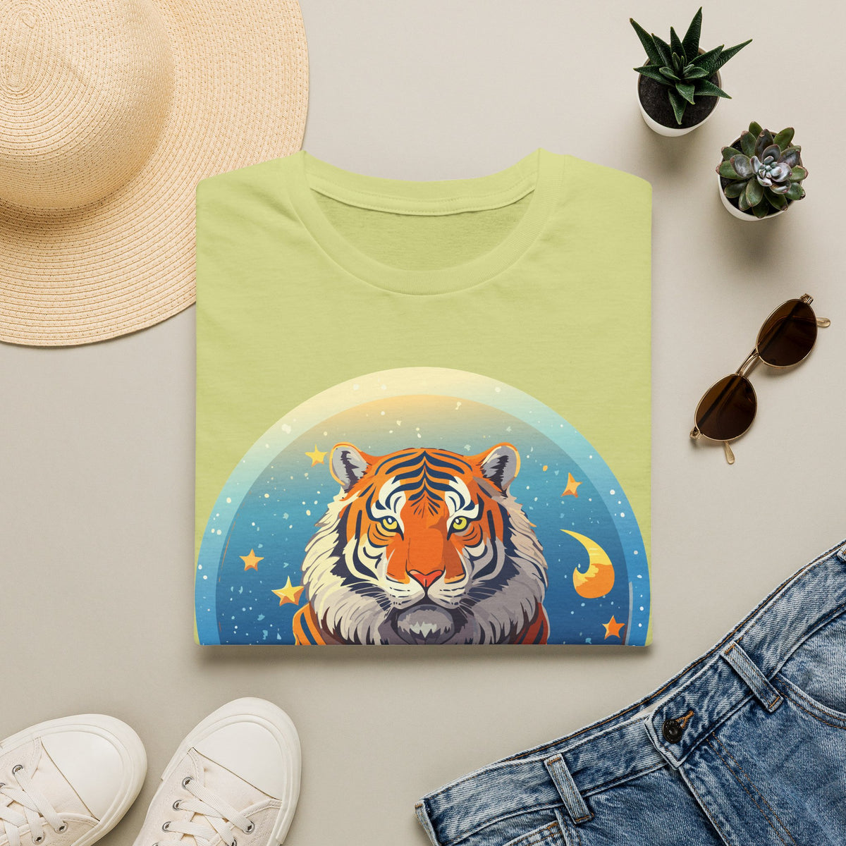 Celestial Tiger Illustration T-Shirt | Night Sky Moon Stars