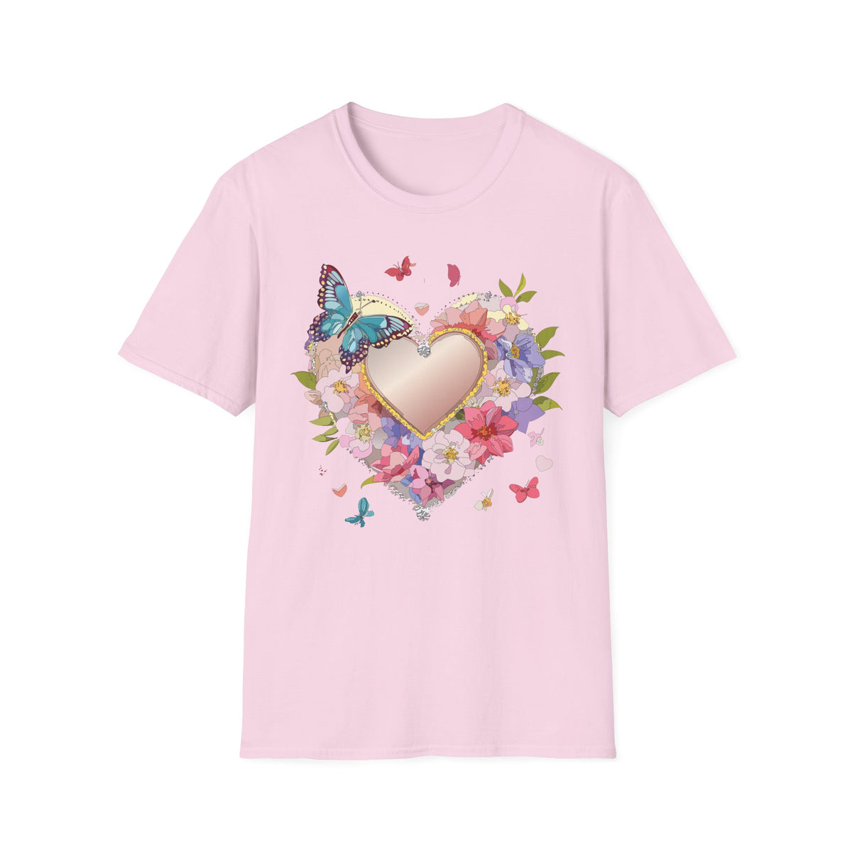 Butterfly Floral Heart Pink Gold Heart with Flowers and Butterflies Graphic Design Unisex 100 Cotton Gildan T-Shirt