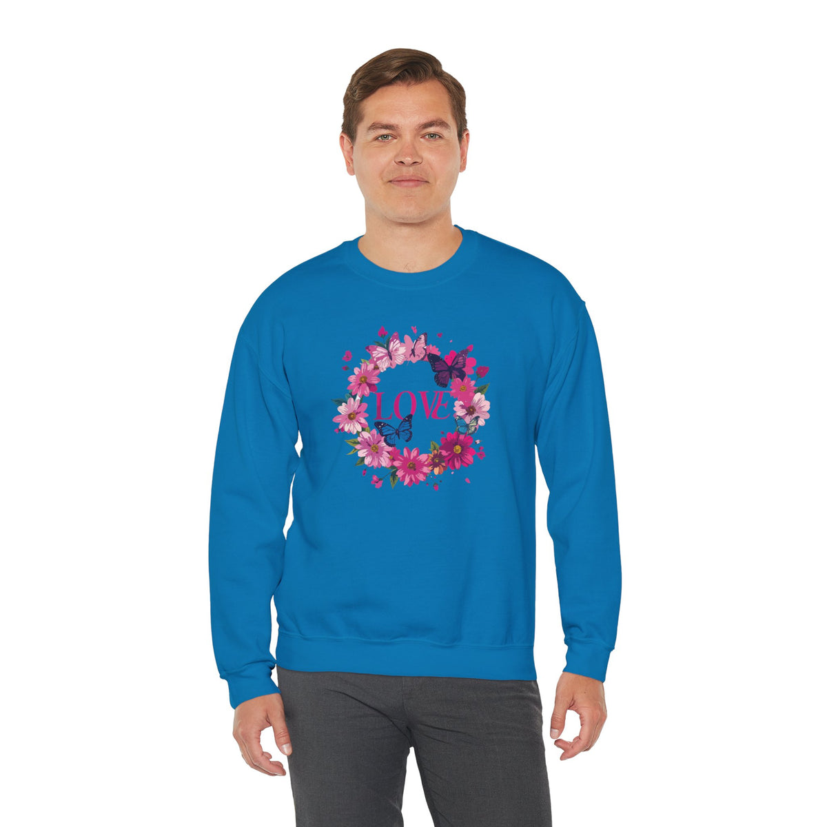 Unisex Floral Love Sweatshirt, Love Floral Sweatshirt, Floral Butterfly Sweatshirt, 50/50 Cotton-Poly Valentine's Day Sweatshirt 04