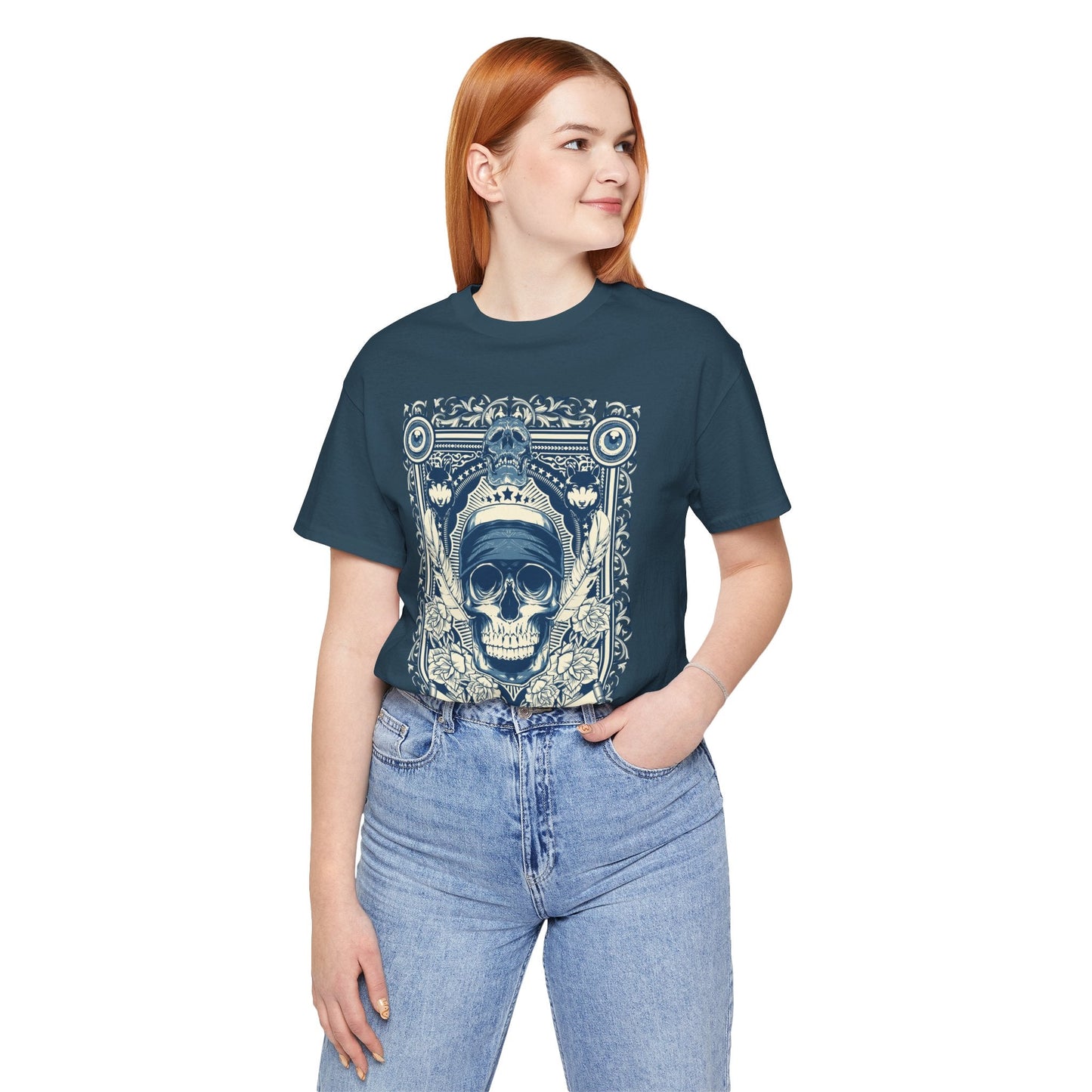 Skull Crown Graphic Tee Vintage Ornate Skull Illustration Rock Band T-Shirt