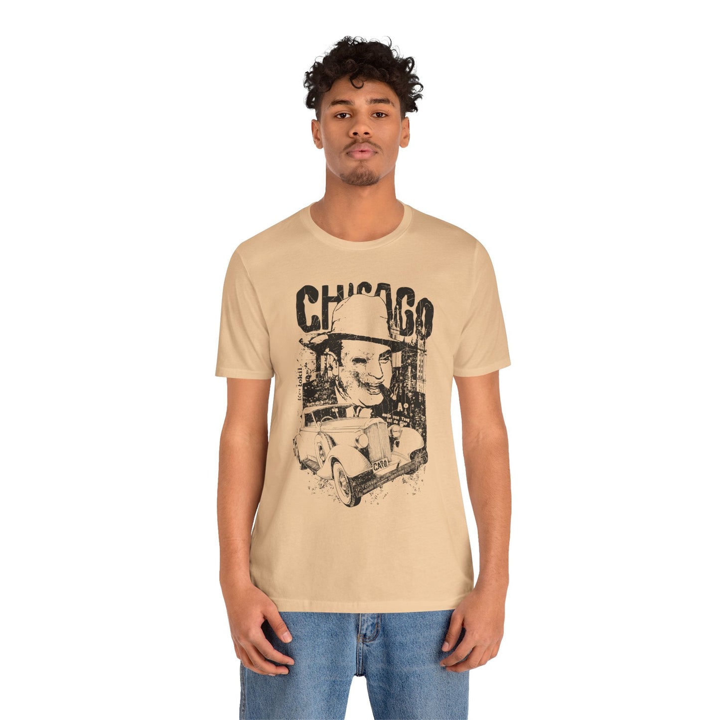 Chicago Retro Mobster Illustration Tee Vintage Car Cityscape Art Design T-Shirt A-8