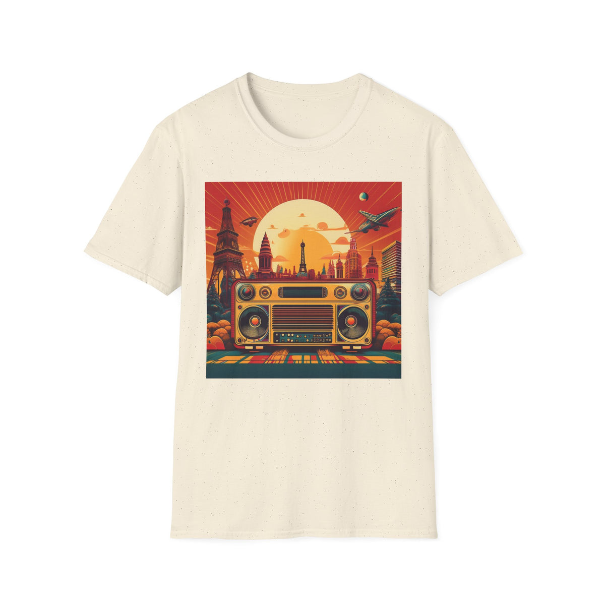 Retro Boombox Sunset Cityscape Graphic Posters, Post Stamps Design Unisex 100 Cotton Gildan T-Shirt