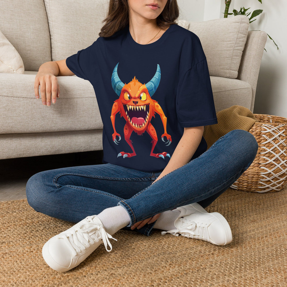 Orange Horned Monster T-Shirt — Cute Scary Cartoon Tee for Kids & Halloween Cartoon Graphic Tee Unisex 100 Cotton Gildan T-Shirt