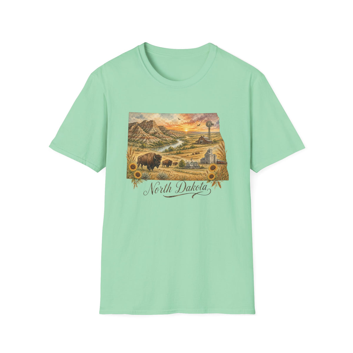 North Dakota State Travel Tourist Graphic Design Unisex 100 Cotton Gildan T-Shirt