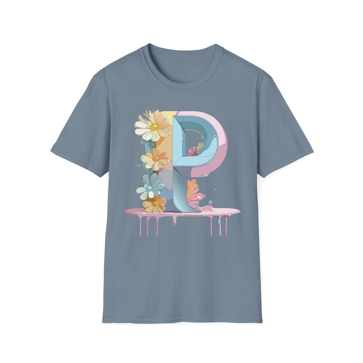 Letter P Floral Monogram T-Shirt | Pastel Daisy Initial Tee