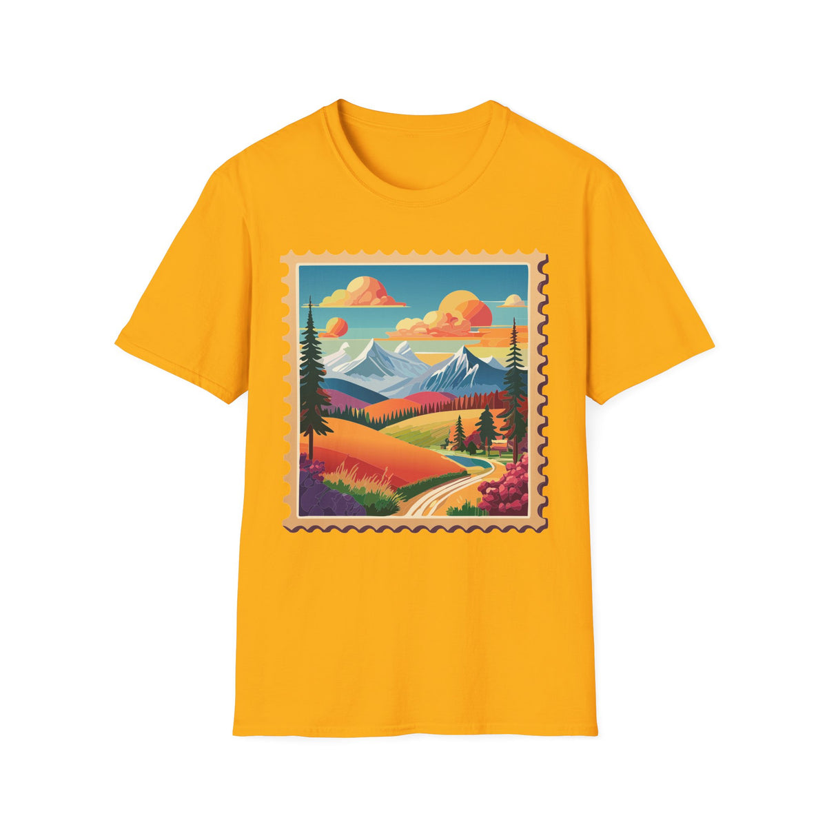 Vintage Mountain Landscape T-Shirt | Scenic Stamp Illustration