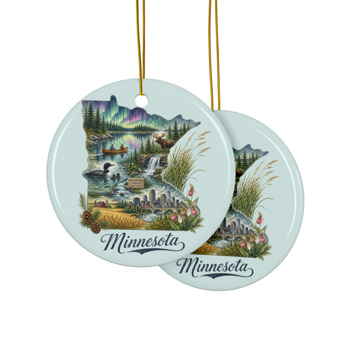 Minnesota Scenic State Illustration Ornament | Round Ceramic Ornament - 2.99" Includes Gold String
