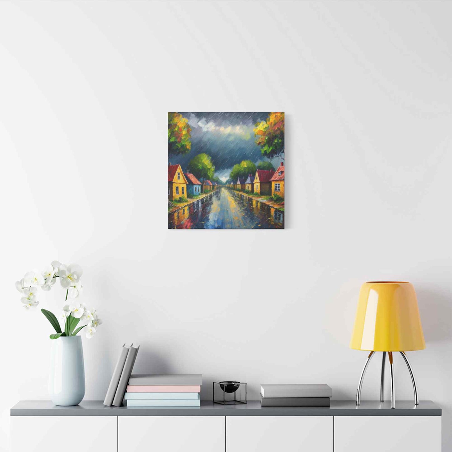 Rainy Village Street Canvas, Matte Oil Paint Print 20x20, 24x24, 30x30, 32x32, 36x36, Art Design Print Non-Frame MC-3