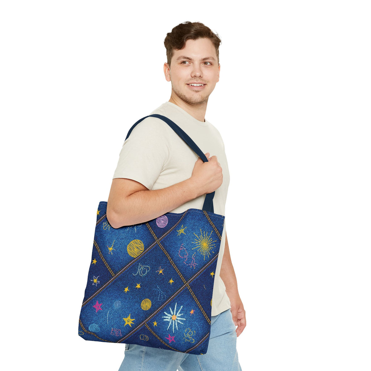 Denim Fabric Imitation Print Unisex Canvas Bag Poly Spun 3 Sizes Tote Bag 183-3