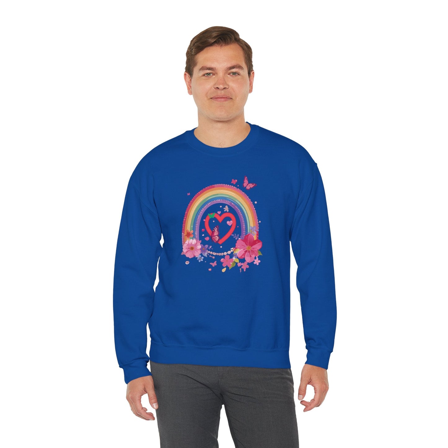 Rainbow Heart Floral Sweatshirt For Valentines Day Unisex Crewneck Gildan 18000 Premium