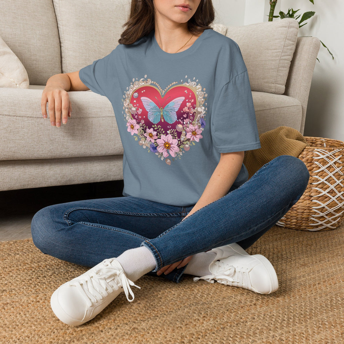 Butterfly Heart Floral Graphic Design Unisex 100 Cotton Gildan T-Shirt