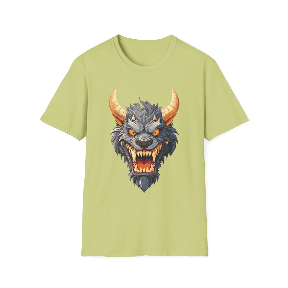 Demonic Beast Head T-Shirt — Horned Monster Cartoon Graphic Tee Unisex 100 Cotton Gildan T-Shirt