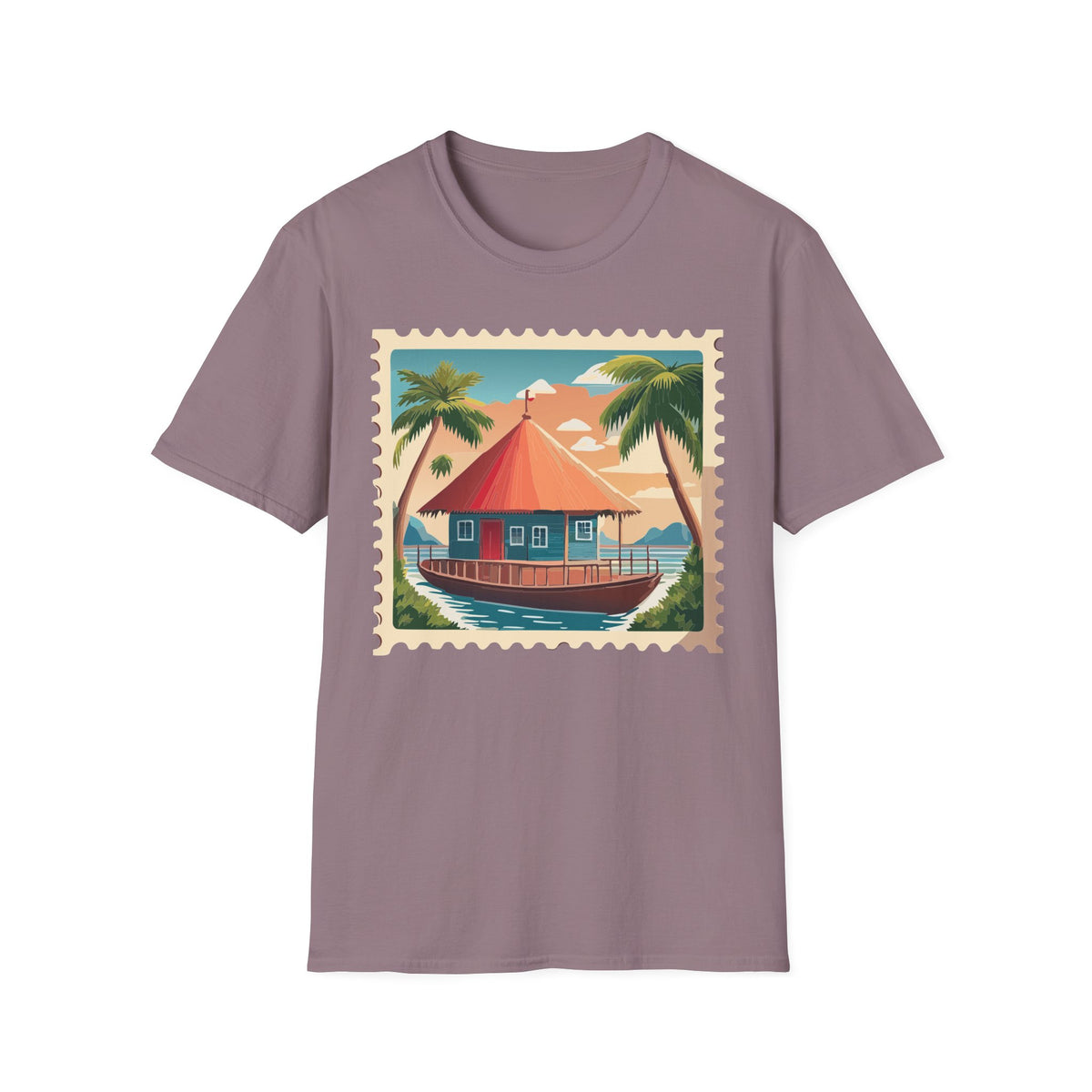 Tropical Beach Cottage T-Shirt | Palm Trees, Sunset Hut Graphic Tee Unisex 100 Cotton Gildan T-Shirt
