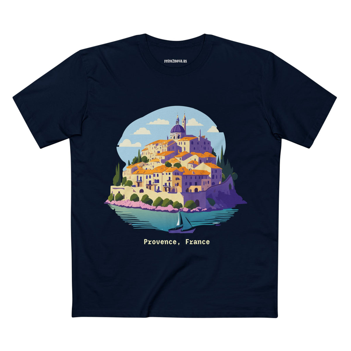 Provence France Village Illustration T-Shirt | Coastal Sailboat Scenic Tee