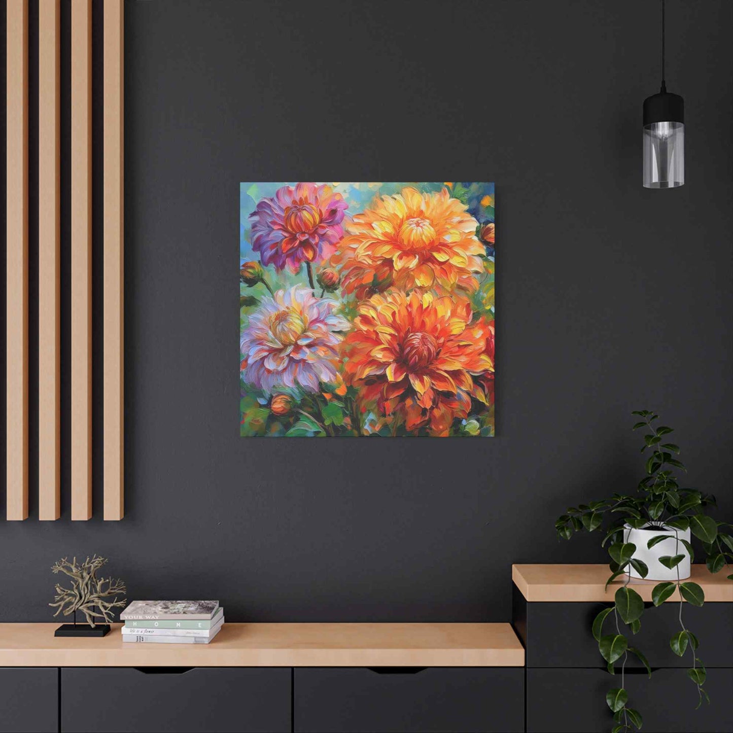 Dahlias Floral Print Canvas, Floral Oil Paint Print 20x20, 24x24, 30x30, 32x32, 36x36 Art Design Pine-Wood Inner Frame MC-166