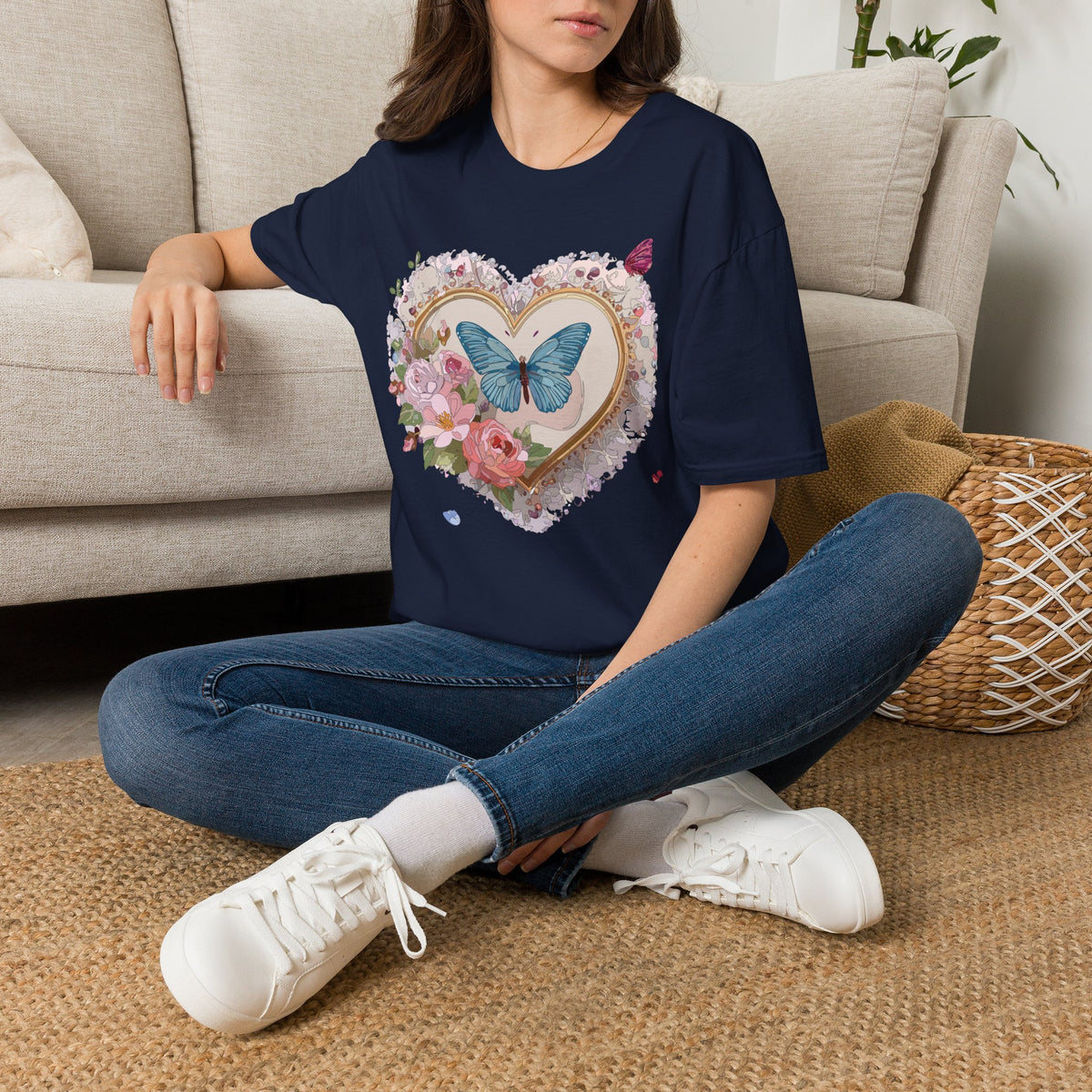 Butterfly Heart T-Shirt — Floral Blue Butterfly Graphic Tee Unisex 100 Cotton Gildan T-Shirt