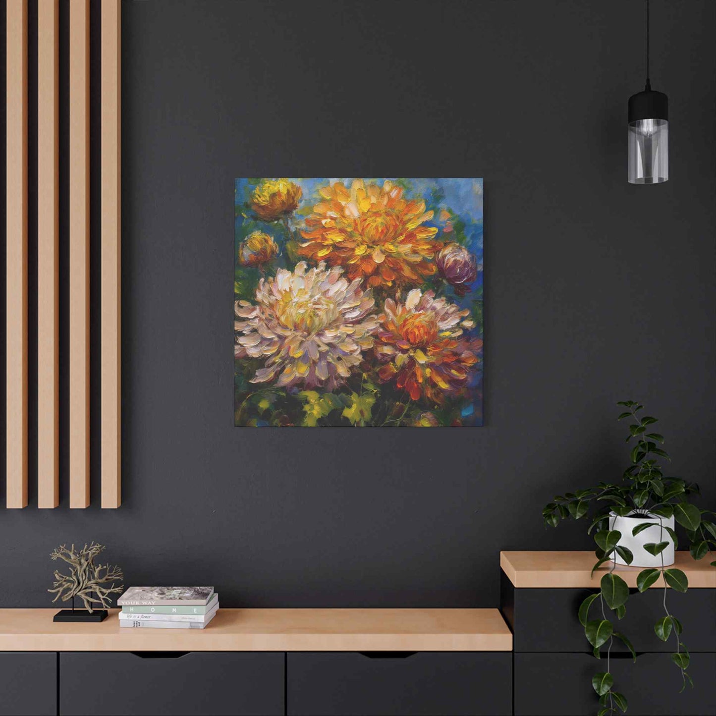 Chrysanthemums Print Canvas, Floral Oil Paint Print 20x20, 24x24, 30x30, 32x32, 36x36 Art Design Pine-Wood Inner Frame MC-156