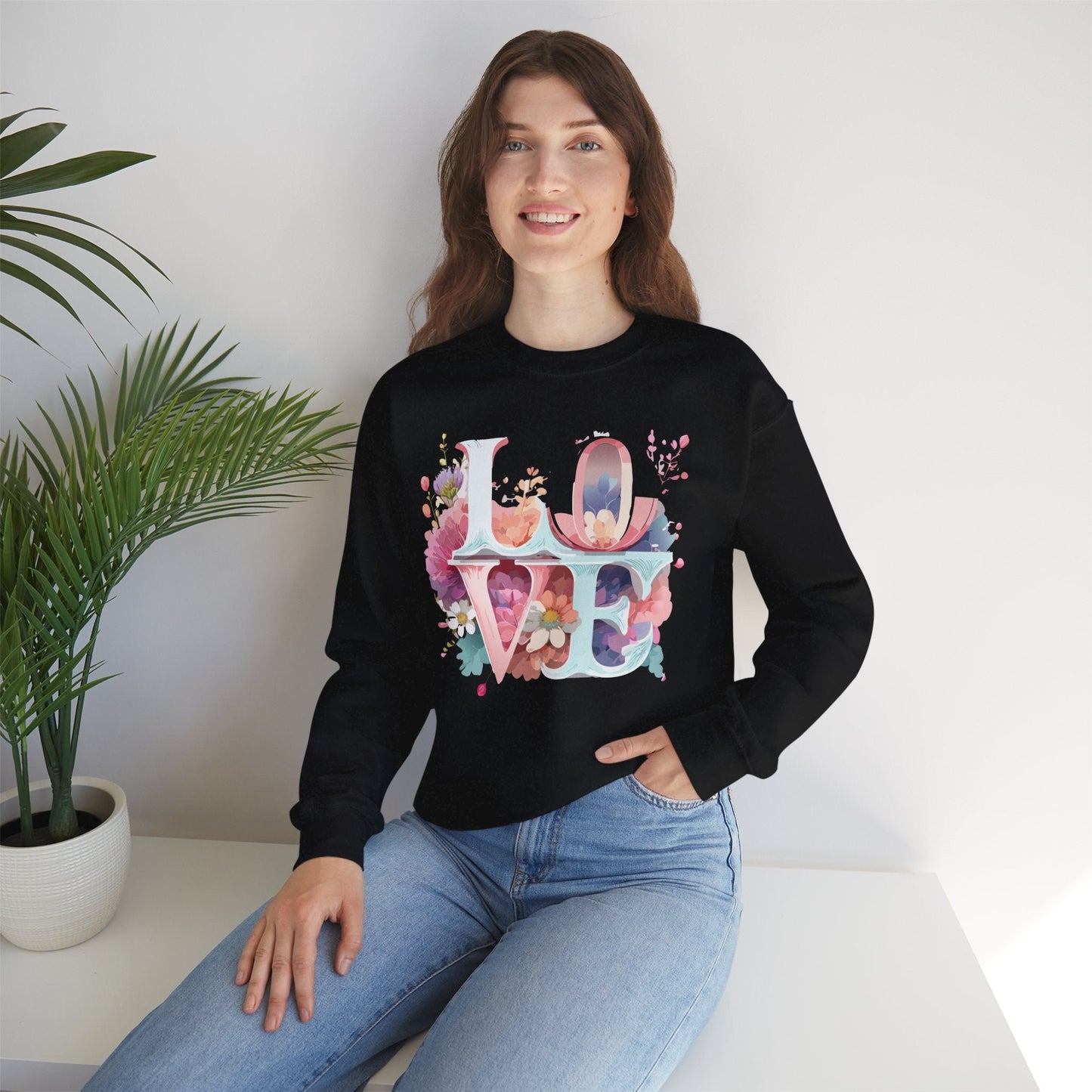 Floral Love Sweatshirt Valentines Day Flower Print Unisex Crewneck Heavy Blend Cotton Polyester