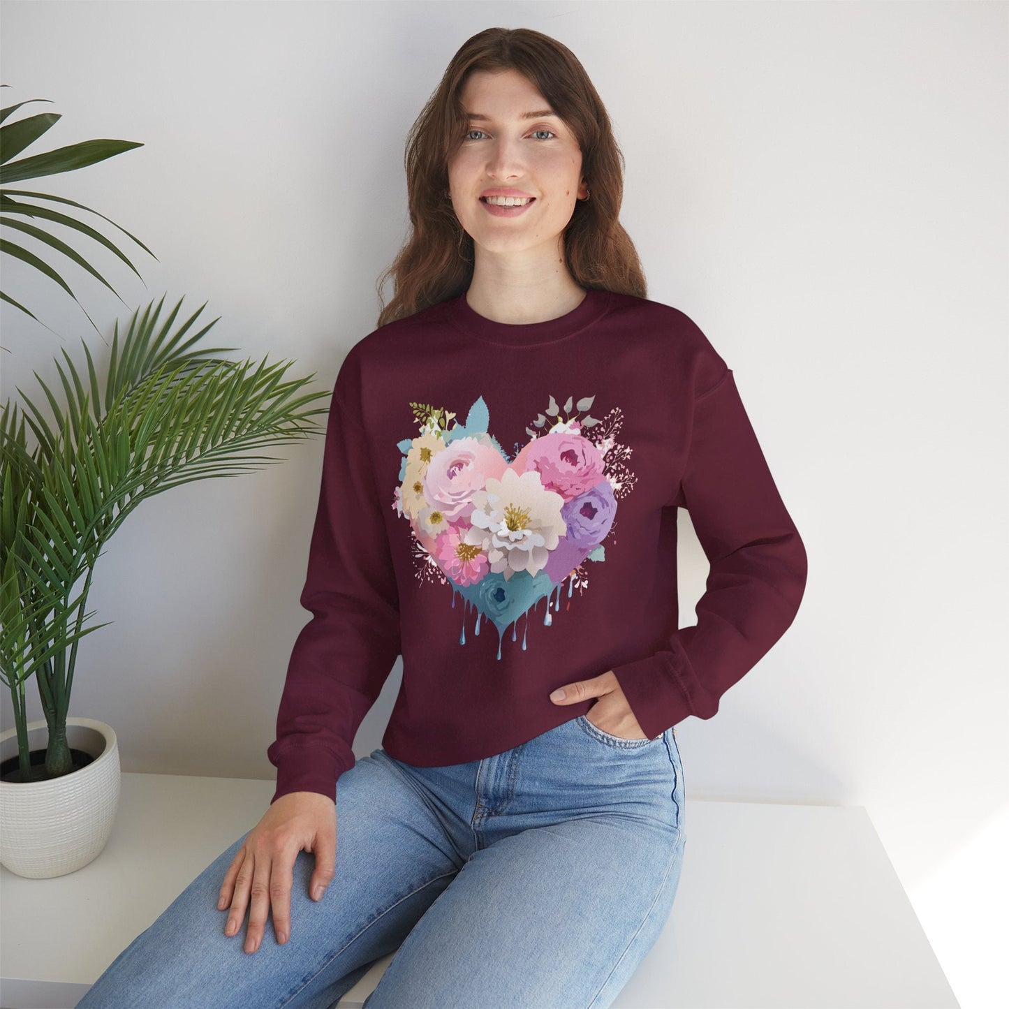 Floral Heart Unisex Crewneck Sweatshirt With Floral Love Valentines Day Design Premium Heavy Blend