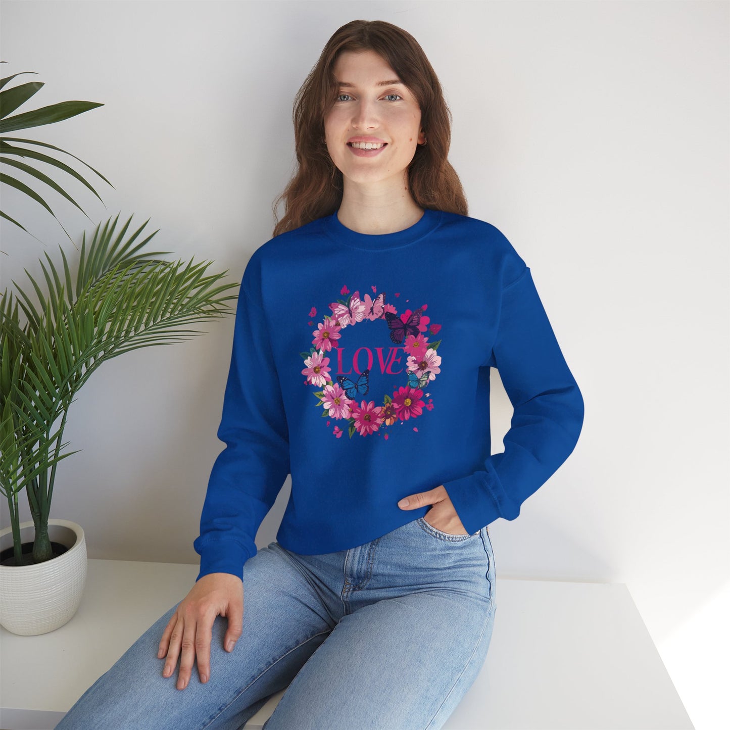 Unisex Floral Love Sweatshirt, Love Floral Sweatshirt, Floral Butterfly Sweatshirt, 50/50 Cotton-Poly Valentine's Day Sweatshirt 04