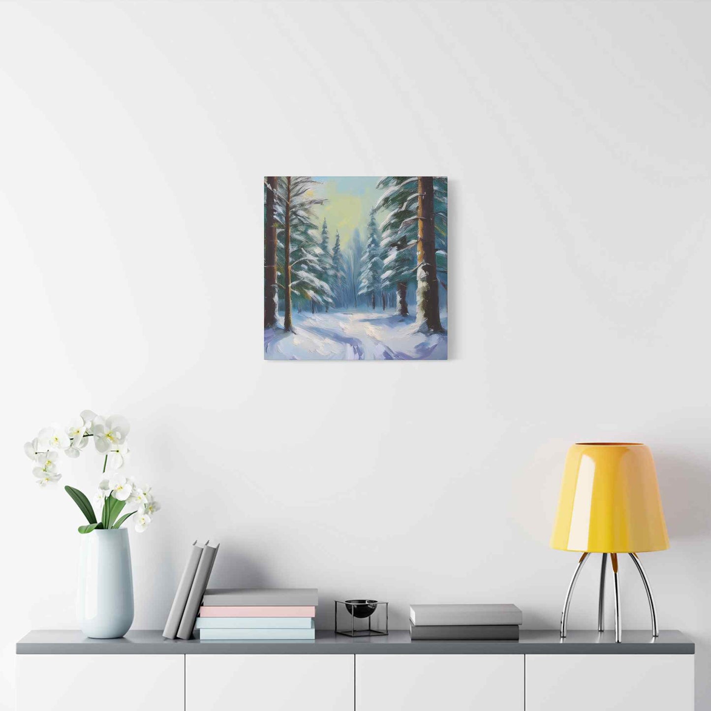 Snow Forest Print Canvas, Oil Paint Print 20x20, 24x24, 30x30, 32x32, 36x36 Art Design Print Pine-Wood Inner Frame MC-77