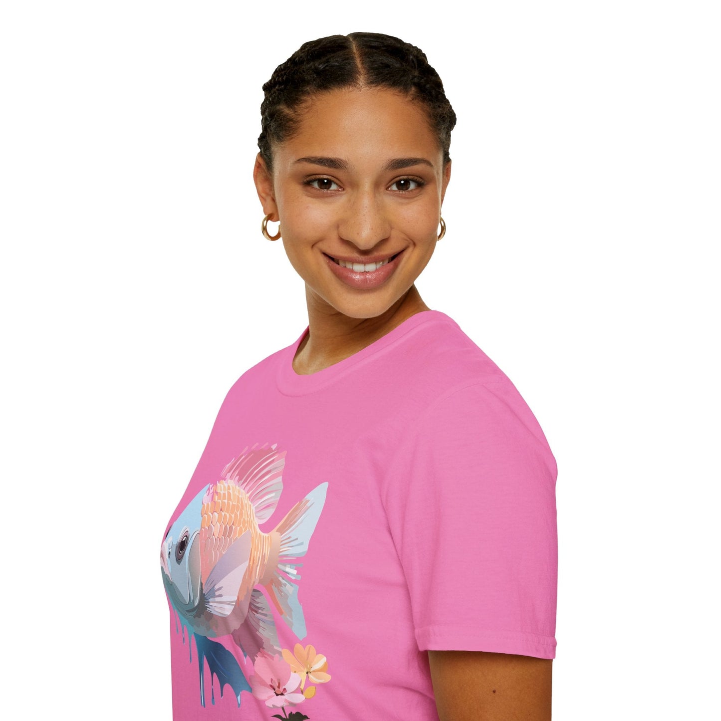Fish Art Design Shirt Unisex Graphic Tee 100 Percent Ring Spun Cotton Softstyle Gildan 64000
