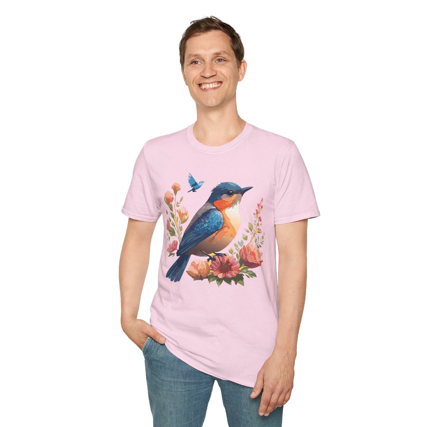 Unisex Floral Bird T Shirt Softstyle 64000 Gildan Ring Spun Cotton Tee Relaxed Fit