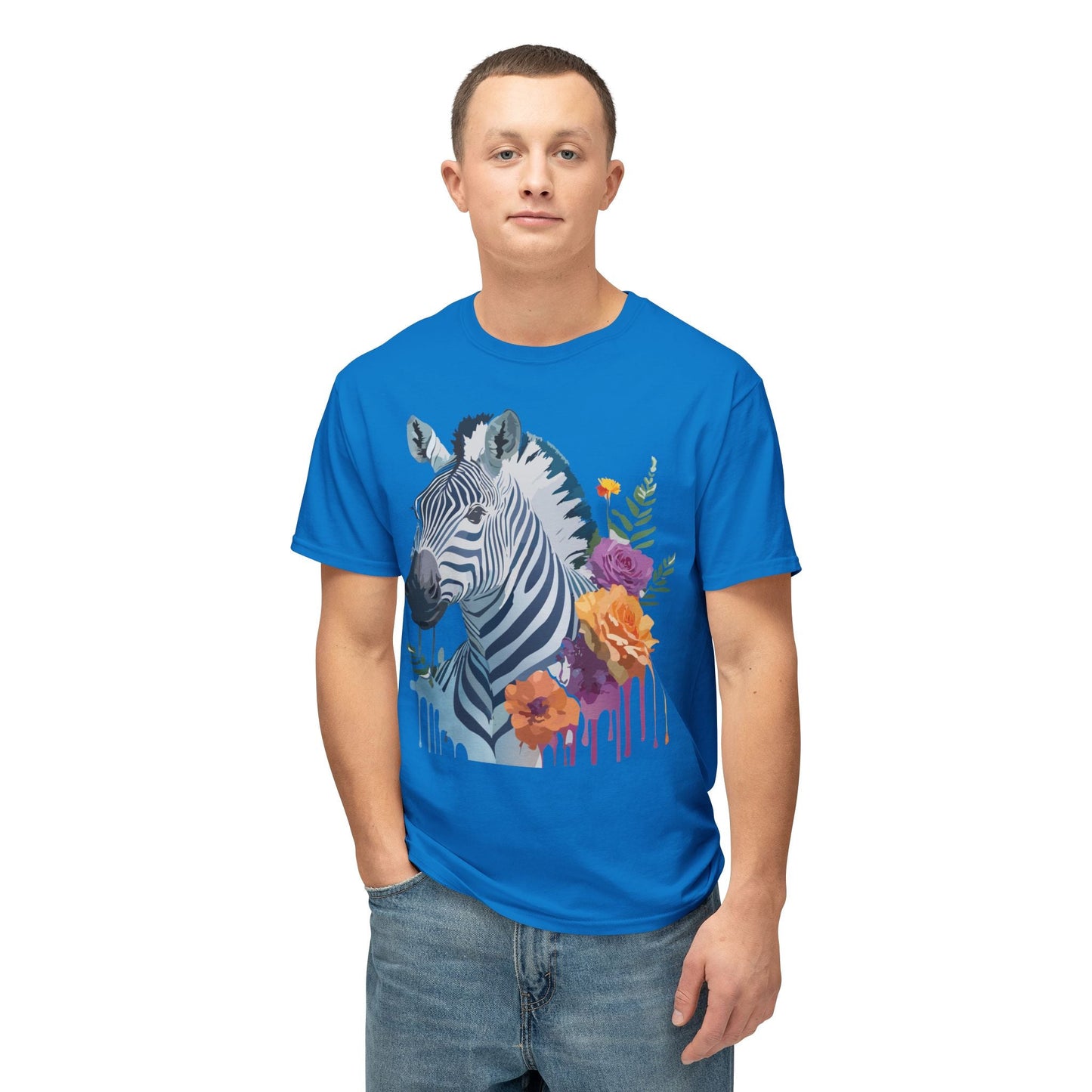 Unisex Zebra T Shirt With Floral Art Print Premium HD Cotton Jersey Tee Made In USA