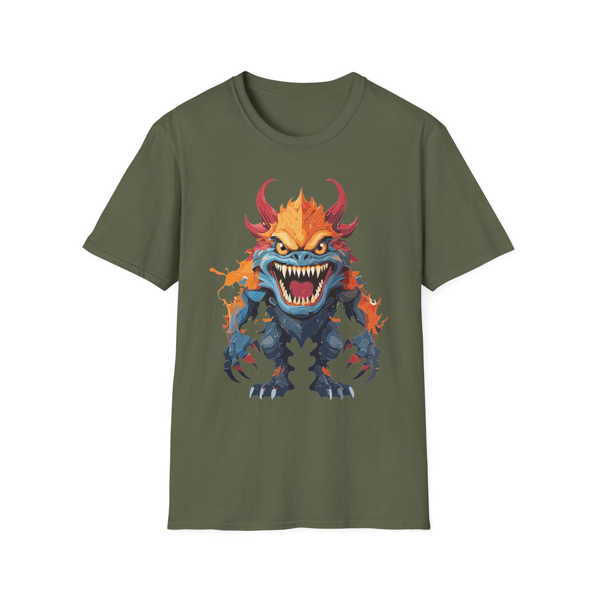 Monster T-Shirt — Fiery Demon Creature Cartoon Graphic Tee Unisex 100 Cotton Gildan T-Shirt