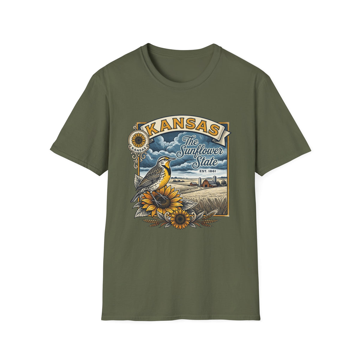 Kansas Sunflower State T-Shirt | Meadow Bird Vintage Travel Tourist Graphic Design Unisex 100 Cotton Gildan T-Shirt