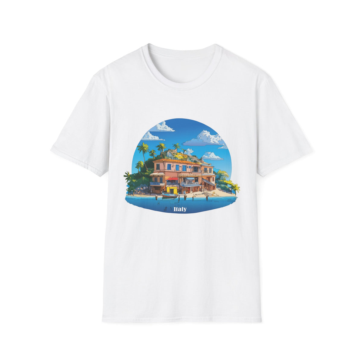 Italy Tropical Beach House Palm Trees T-Shirt | Seaside Villa Illustration