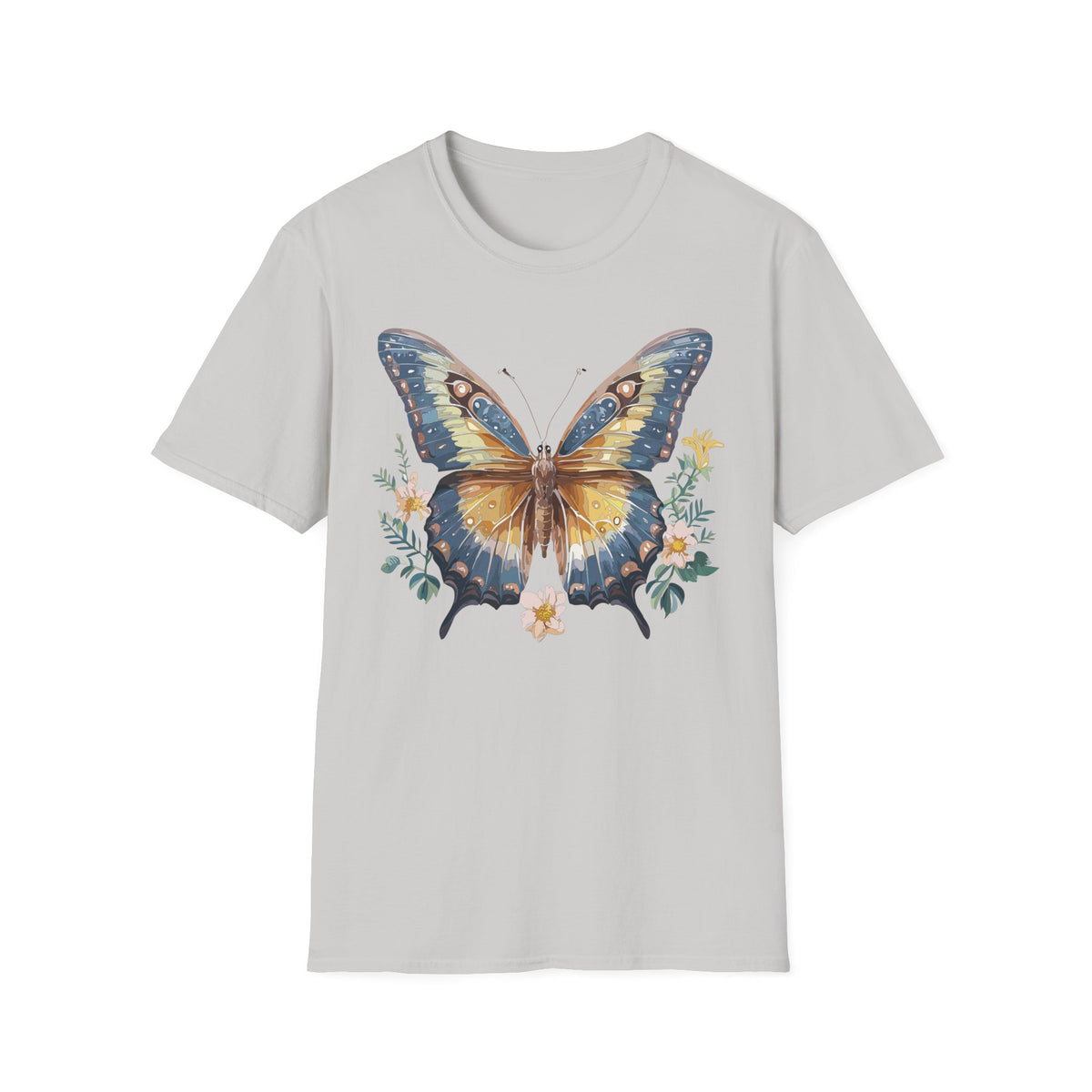 Golden Blue Butterfly T-Shirt | Botanical Accent Graphic Tee Unisex 100 Cotton Gildan T-Shirt