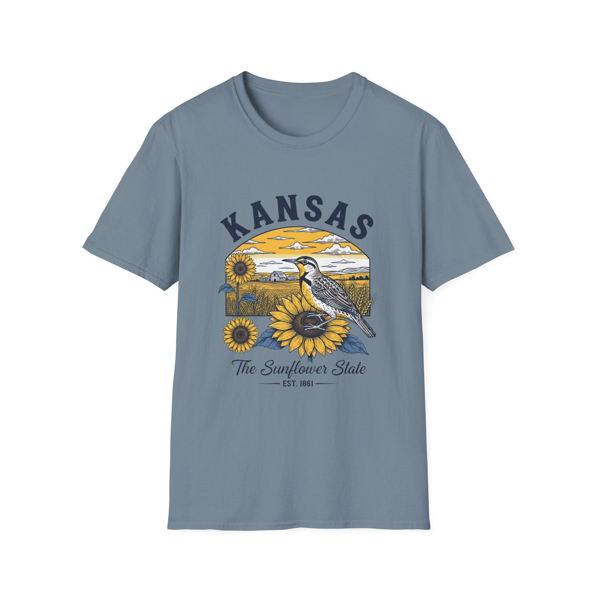 Kansas Sunflower State T-Shirt — Meadowlark Sunflowers Travel Tourist Graphic Design Unisex 100 Cotton Gildan T-Shirt